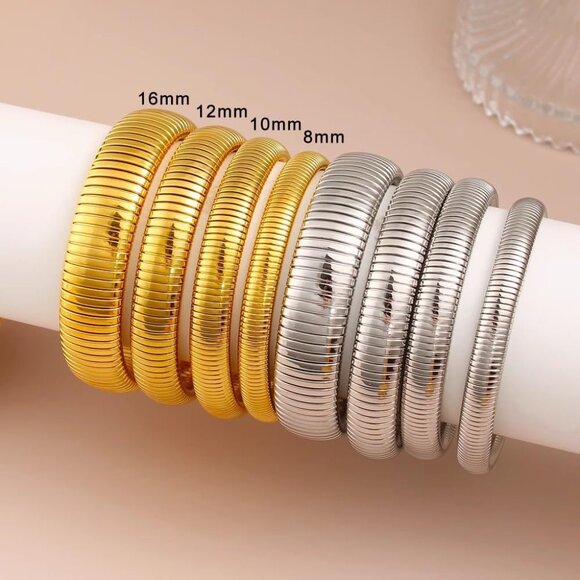 Silver Bangle Set 3 Chunky Stretch 24K 11mm Plated Stainless Steel Wide Stack - Picture 4 of 8